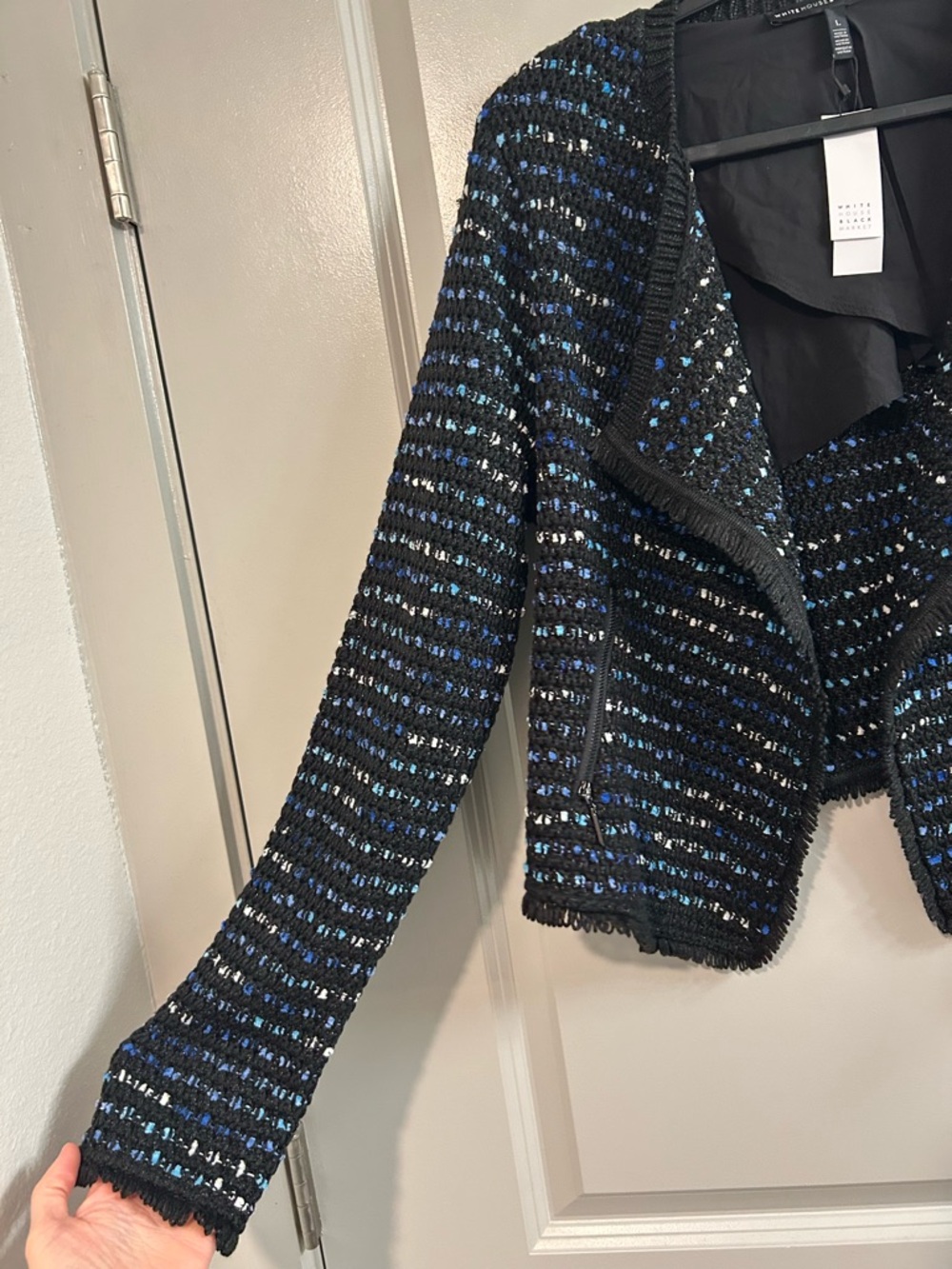 White House Black Market Black and Blue Tweed Open Front Jacket - Picture 2 of 7